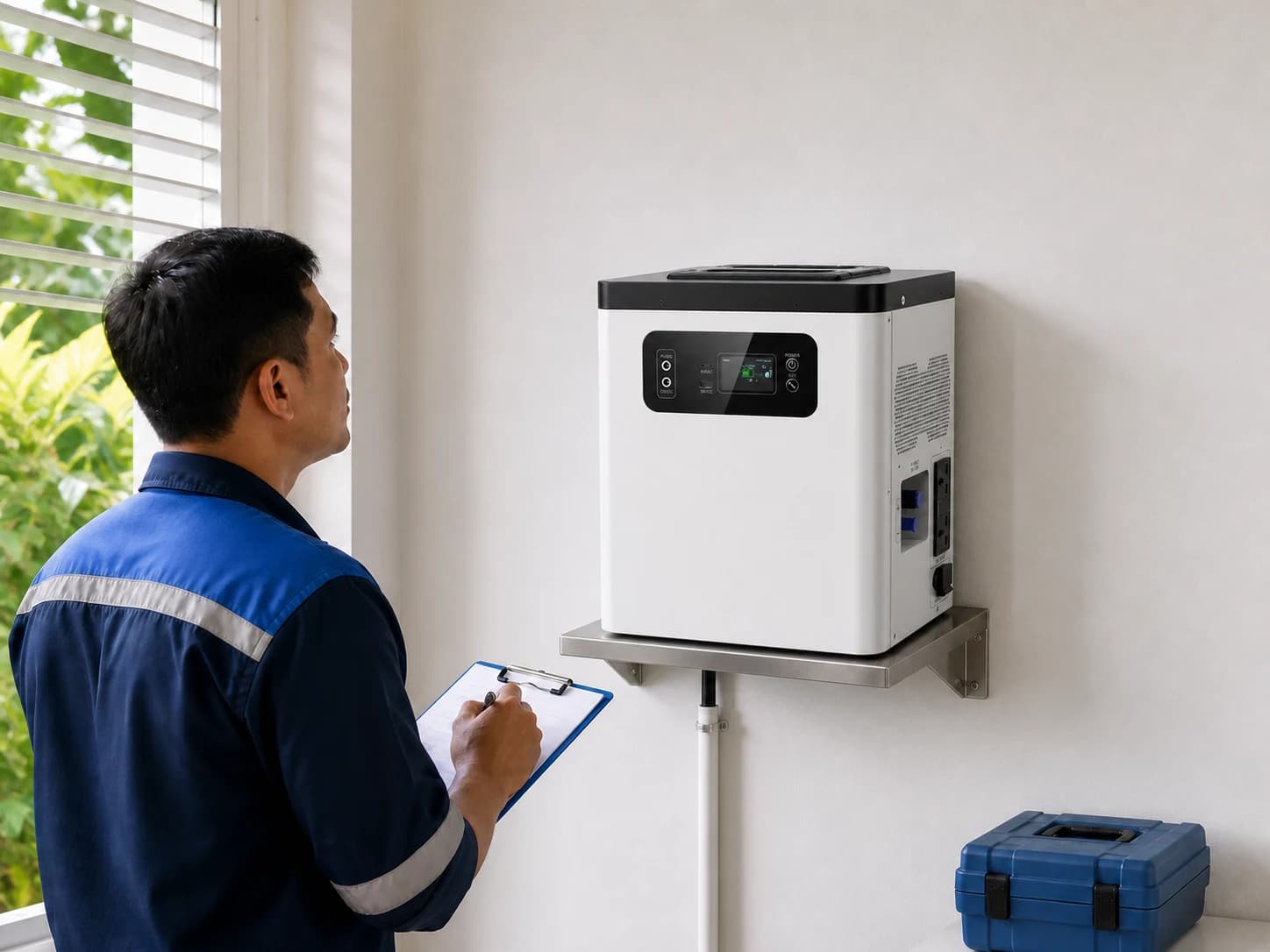 Compact all-in-one backup system placed neatly on a supported wall-side shelf