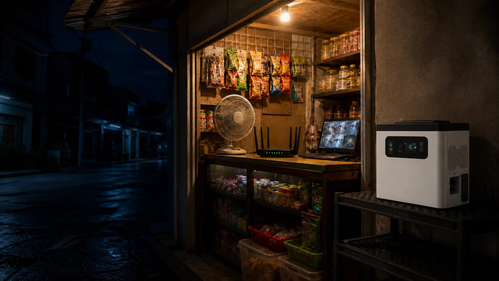 All-in-one backup system keeping a small shop's light, fan, Wi-Fi and CCTV operating while the surrounding area is dark