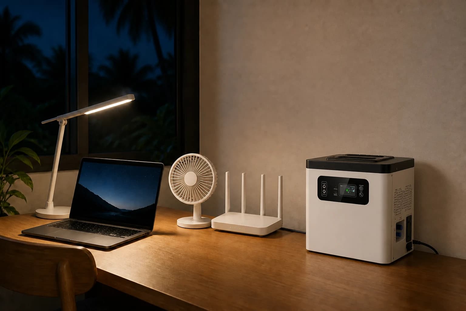All-in-one backup power unit supporting selected lights, fan, Wi-Fi and work devices