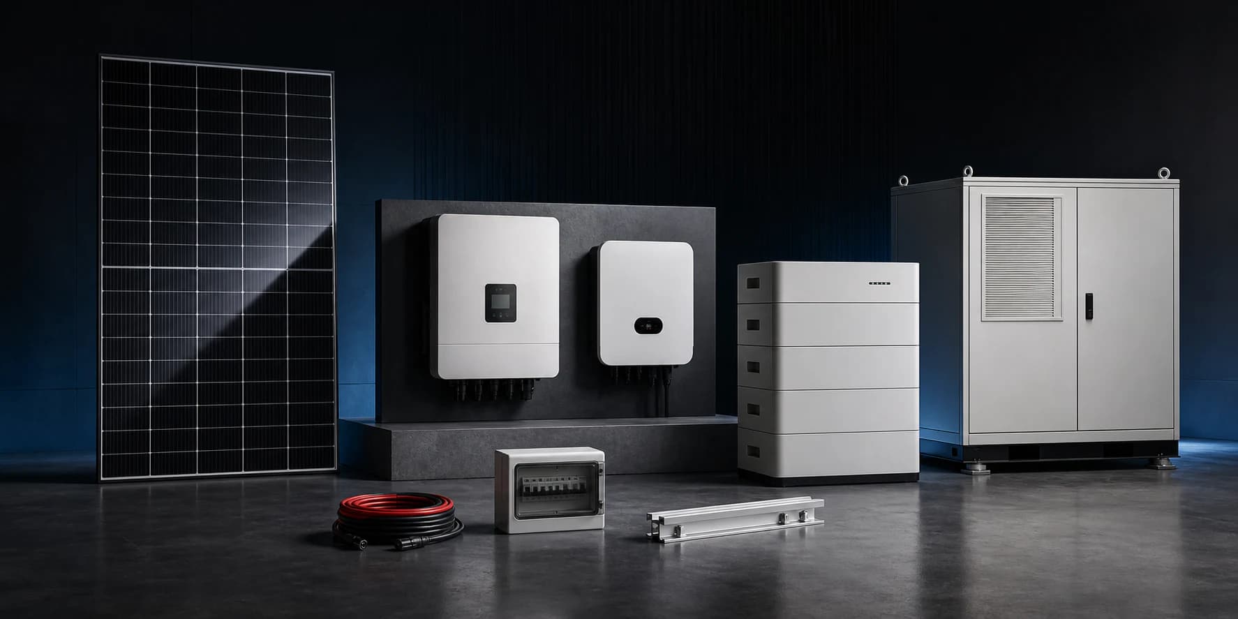 Rongkai solar equipment portfolio with PV module, inverters, batteries, mounting and BOS