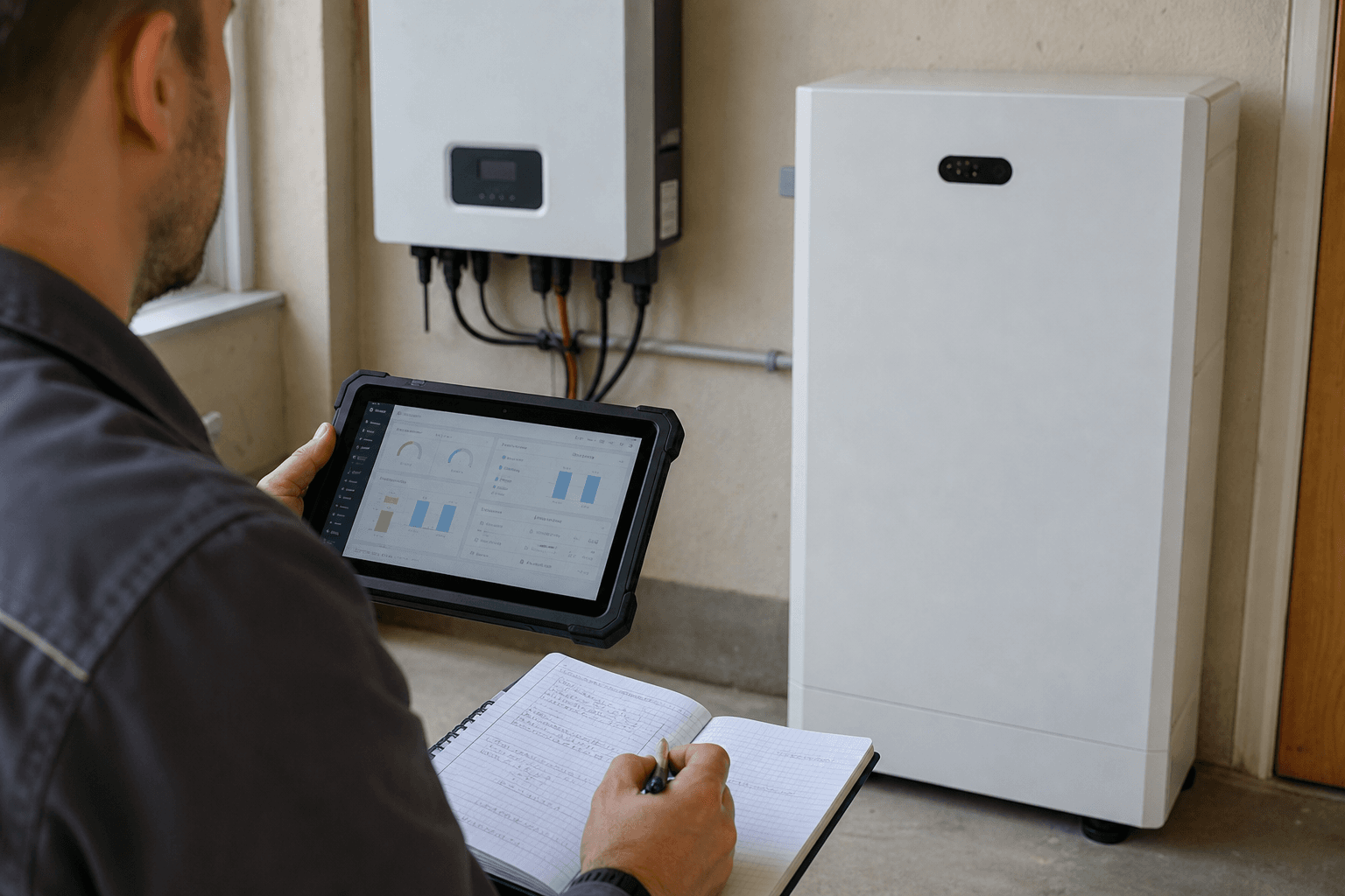 Illustrative editorial photograph of a technician comparing diagnostic records with a closed home battery and inverter; it is not a Rongkai customer project.