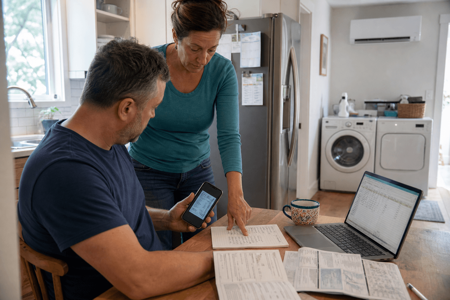 Illustrative editorial photograph of homeowners comparing appliance labels and a household load list before planning solar and battery capacity; it is not a Rongkai customer project.