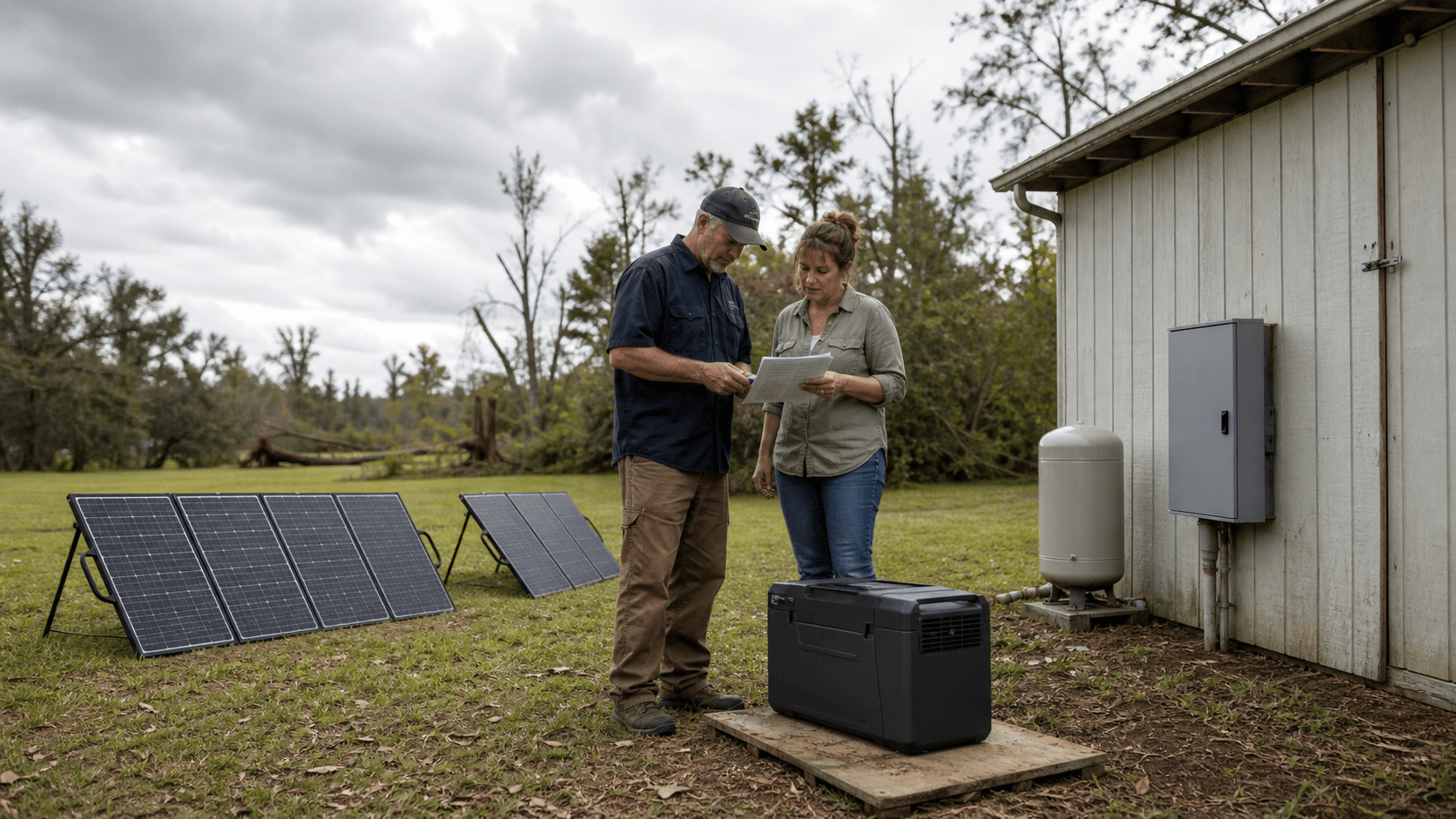 Illustrative editorial photograph of a homeowner and technician reviewing portable solar panels, a closed battery unit and closed well-pump equipment under cloudy skies; it is not a Rongkai customer project.
