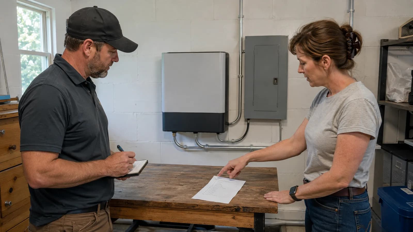 Illustrative editorial photograph of a homeowner and technician reviewing an essential-appliance list beside closed battery equipment; it is not a customer project record.