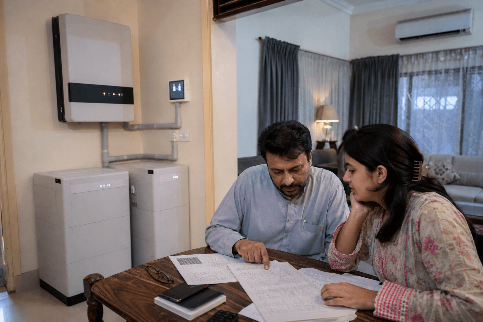 Illustrative editorial photograph of a Pakistani household reviewing evening appliance use beside a closed hybrid inverter and home batteries; it is not a customer project record.