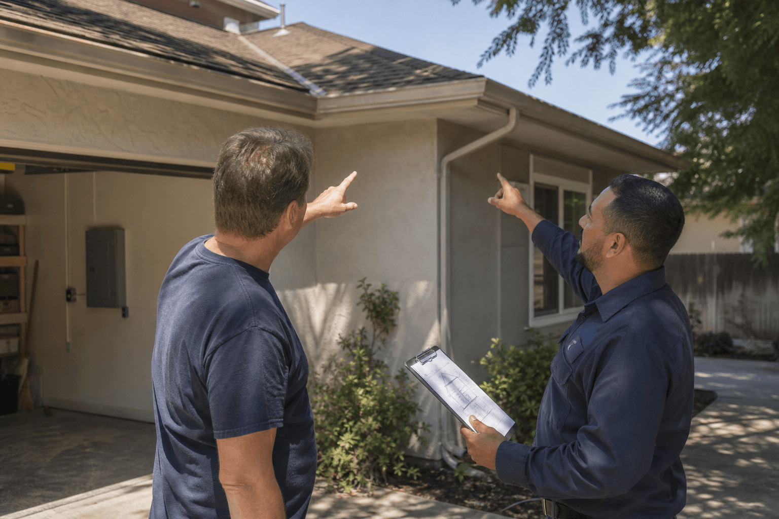 Illustrative editorial photograph of a homeowner and electrician looking at a roof before planning home solar and battery backup; it is not a Rongkai customer project.