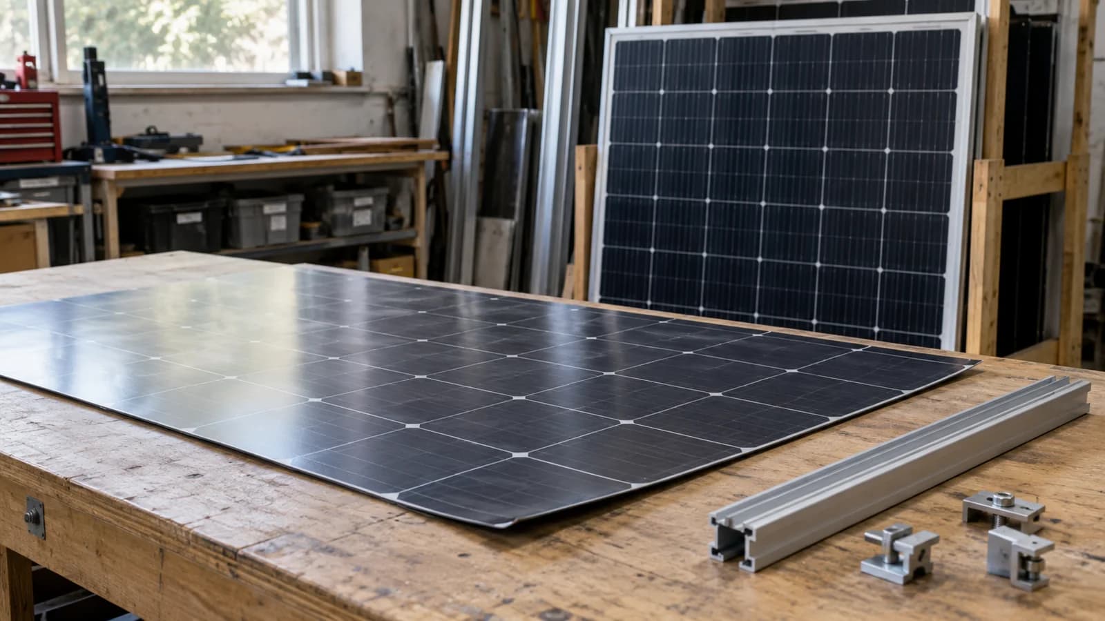 Editorial illustration of lightweight solar panel and mounting samples