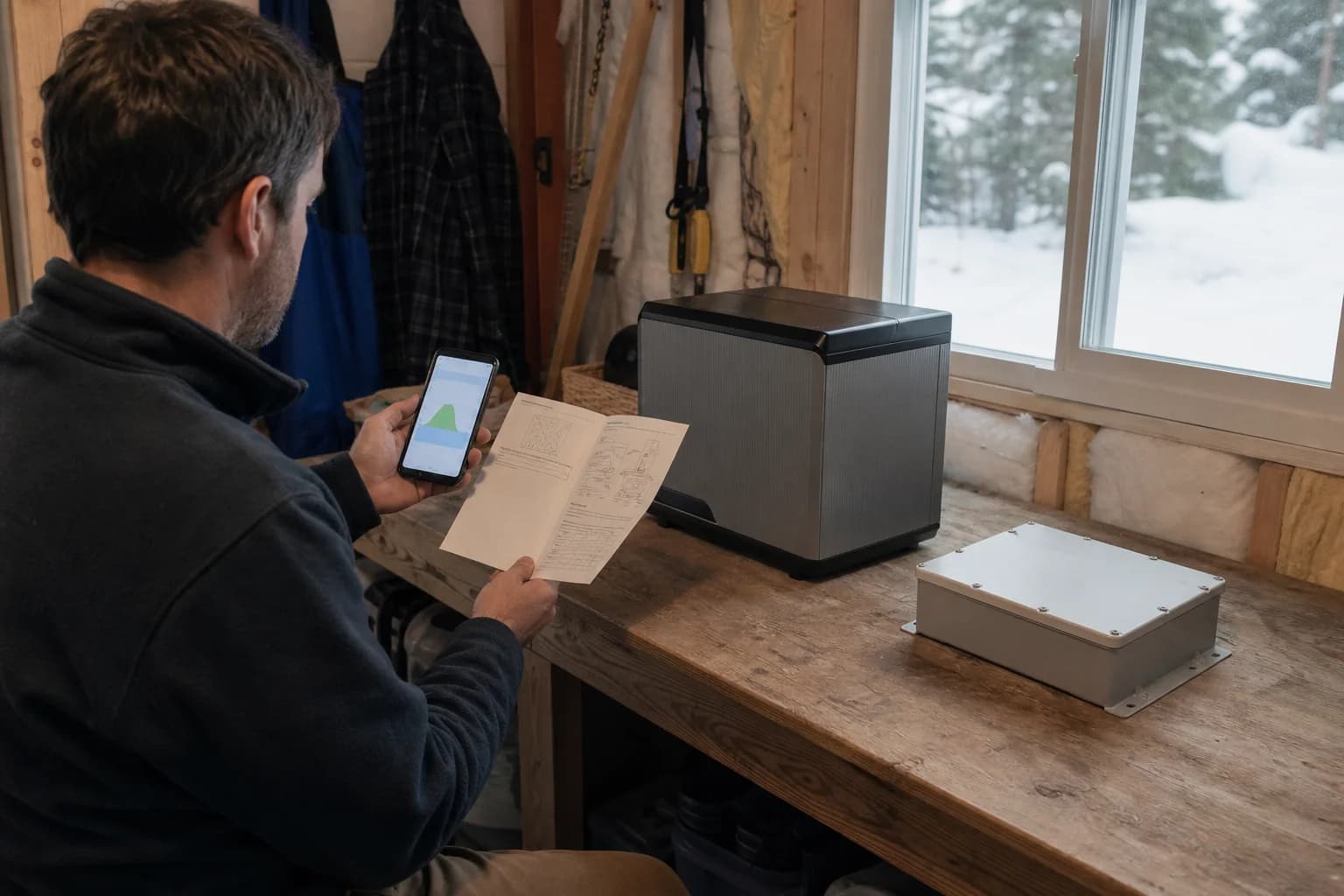 Illustrative editorial photograph of a homeowner comparing an energy-use graph with closed solar battery equipment on a cold day; it is not a customer project record.
