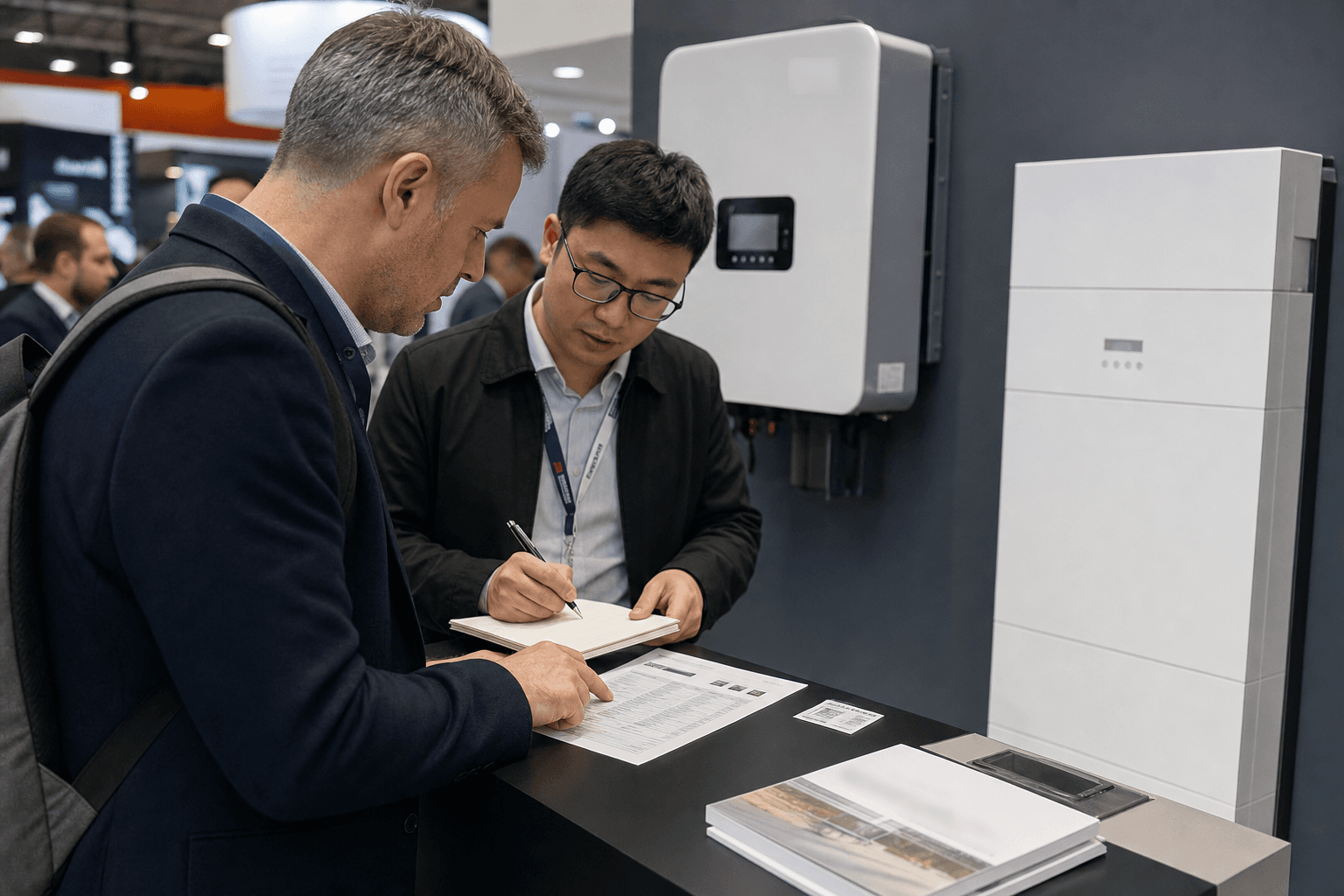 Illustrative editorial photograph of a buyer reviewing solar inverter and battery specifications at a generic clean-energy trade show; it is not a photograph of the 2026 Guangzhou event.