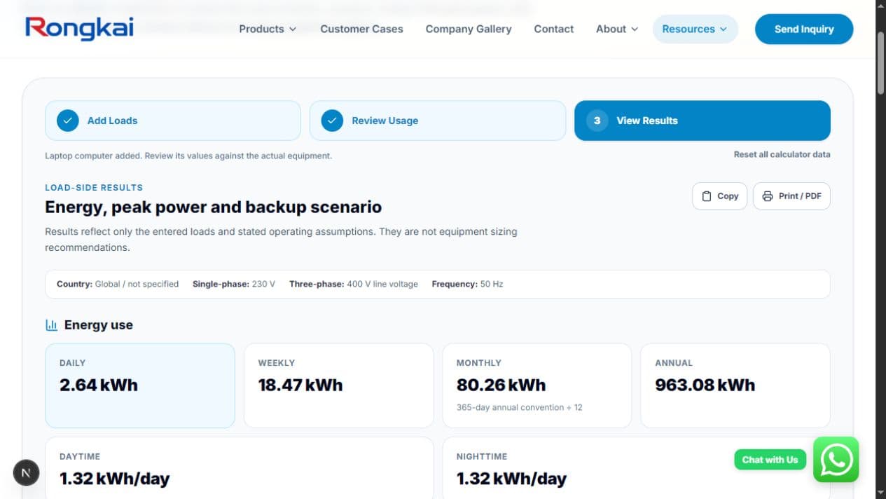 Screenshot of the Rongkai Solar Load Calculator showing daily energy results from an illustrative five-load example.