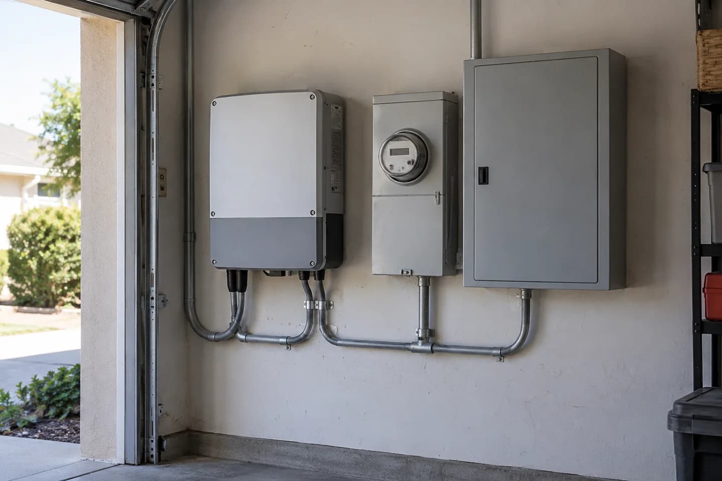 Editorial illustration of closed solar inverter and metering equipment