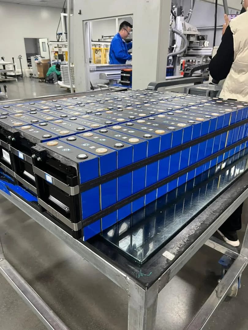 Operators assembling battery cells on a production line.