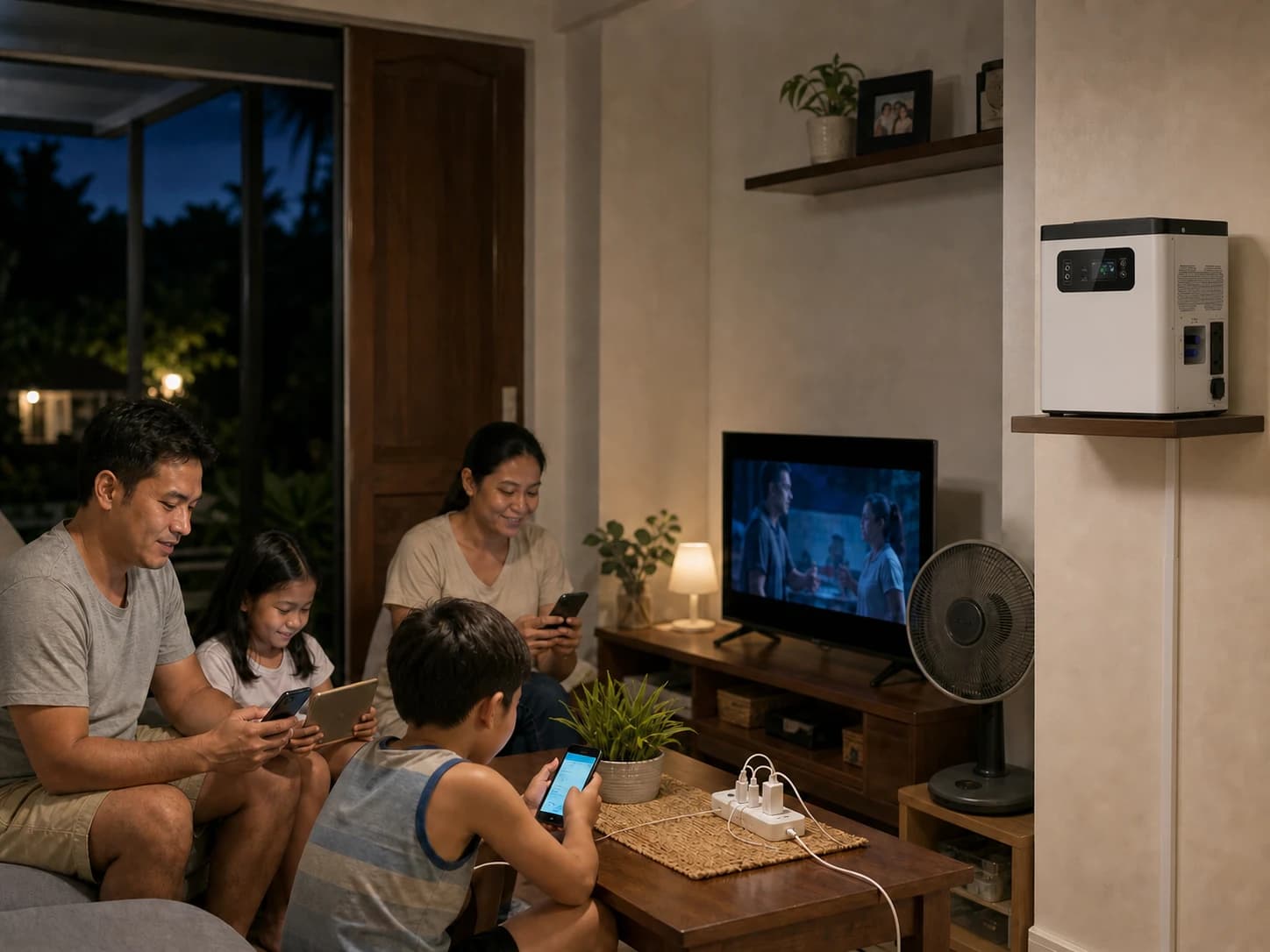 Family using lights, phones, fan and television with all-in-one backup power