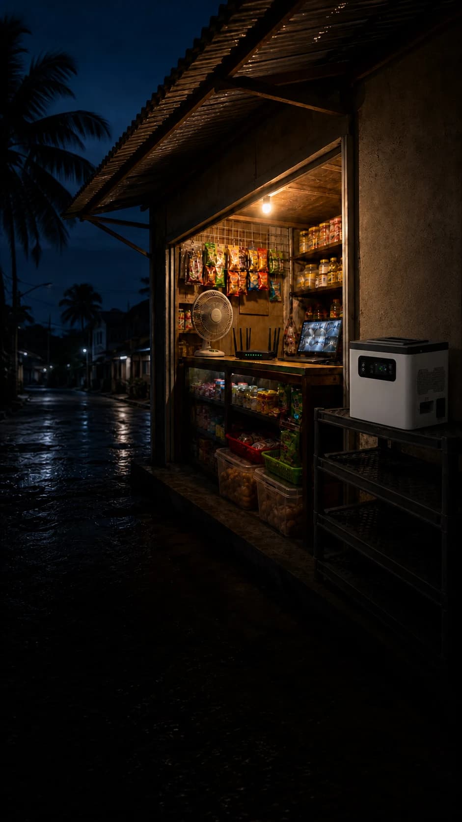 All-in-one backup system keeping a small shop's light, fan, Wi-Fi and CCTV operating while the surrounding area is dark