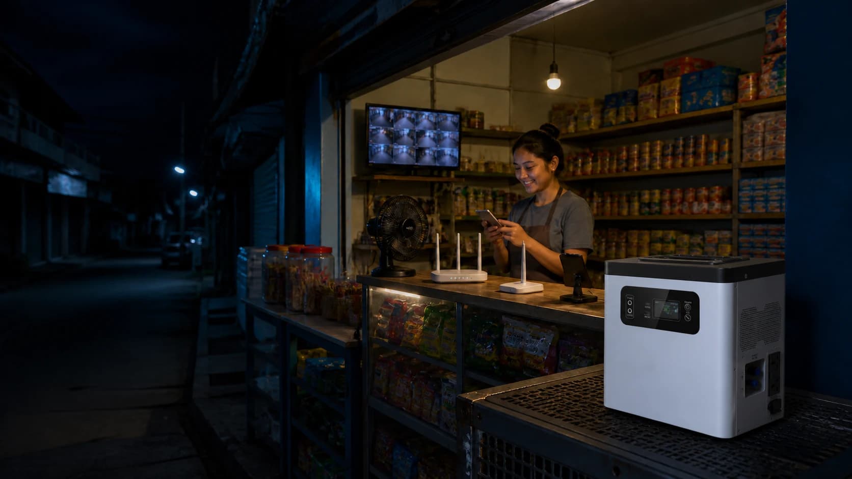 All-in-one backup system placed upright on a ventilated utility shelf in a small shop