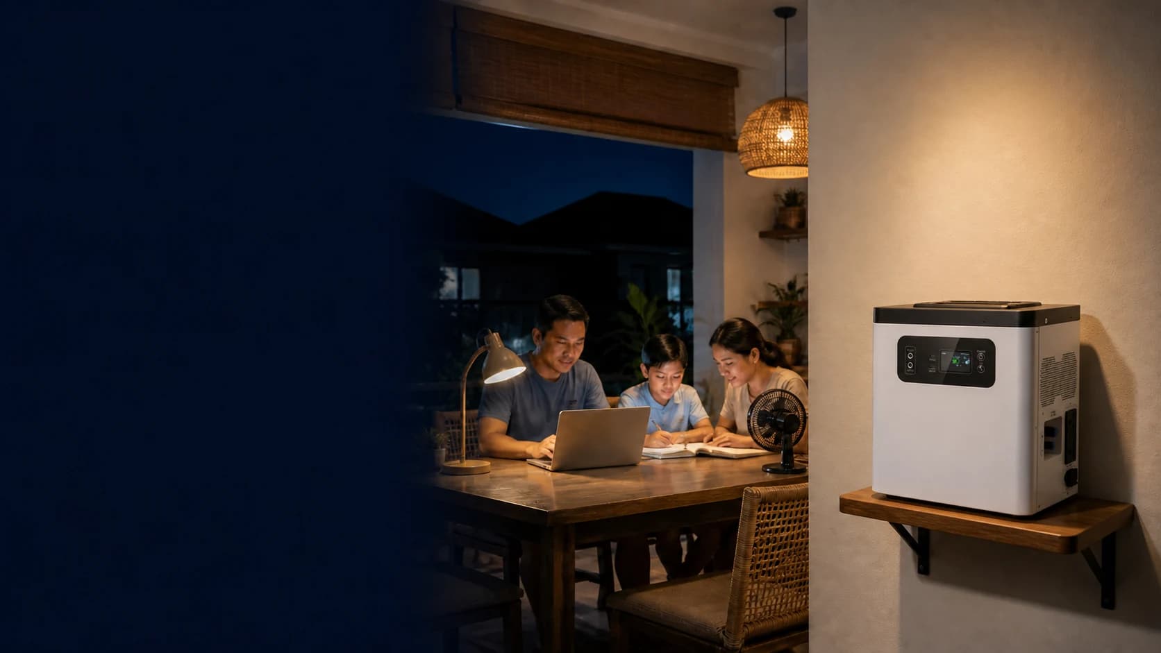 All-in-one backup system on a supported wall-side shelf powering a family's selected evening essentials