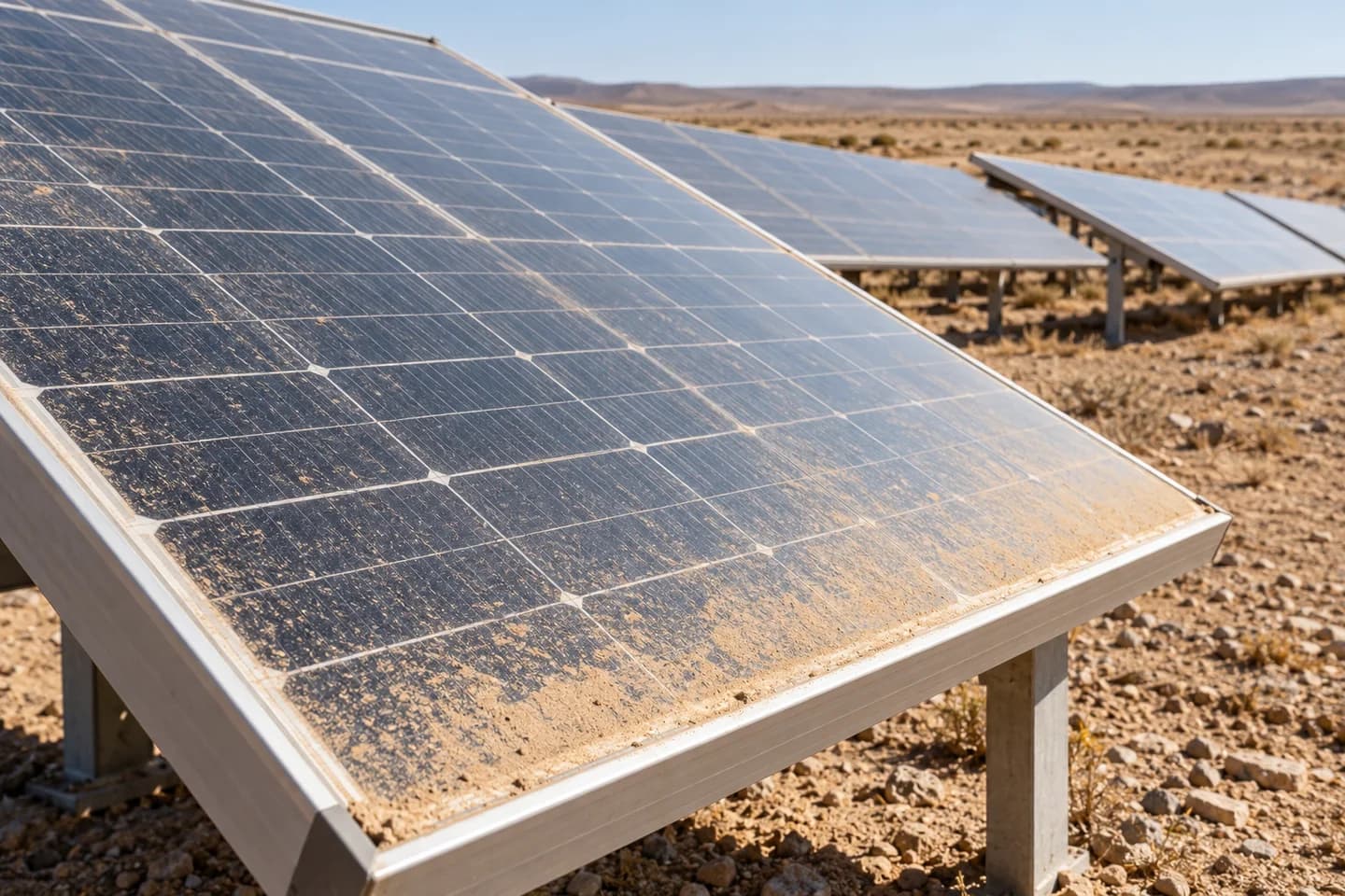 Editorial illustration of dust on solar panels in dry conditions